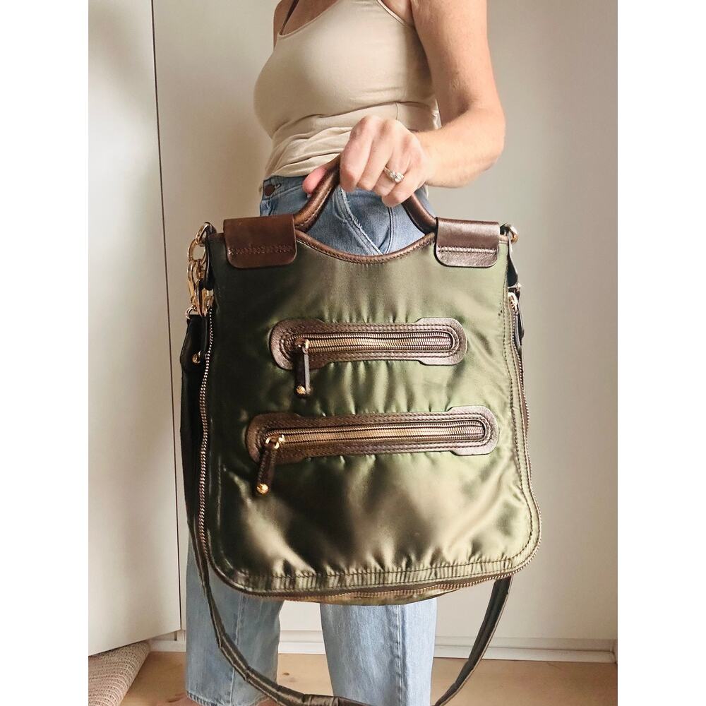 Tod's Olive Green and Brown Nylon Leather Trim Crossbody Tote